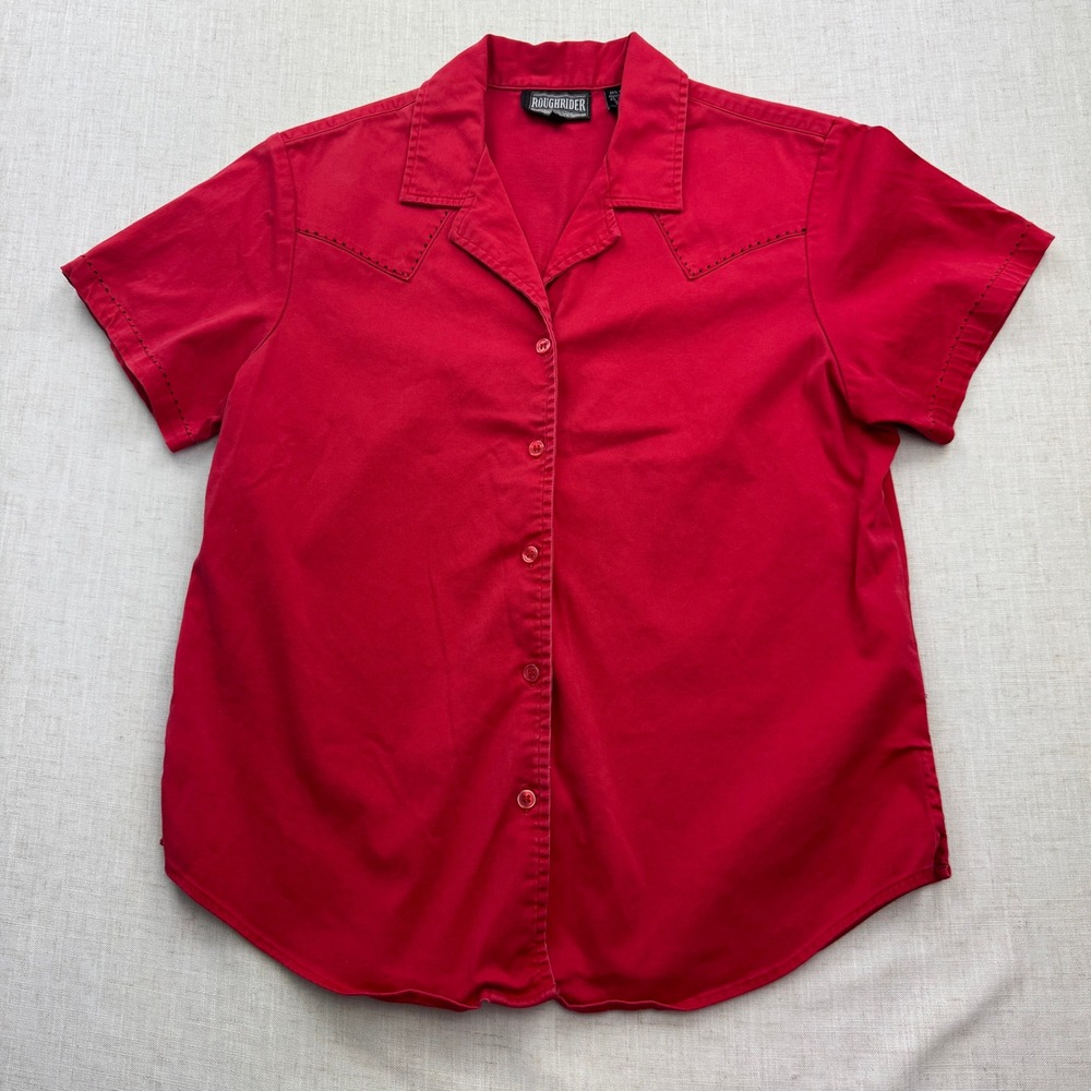 VTG Roughrider Western Shirt Women Med Red 90s Short Sleeve Cowgirl Rockabilly